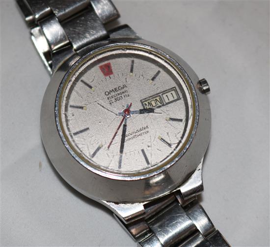 An Omega electronic stainless steel wrist watch.